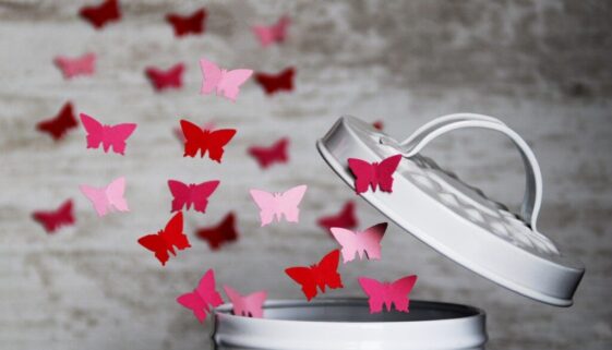 butterflies leaving a trash can